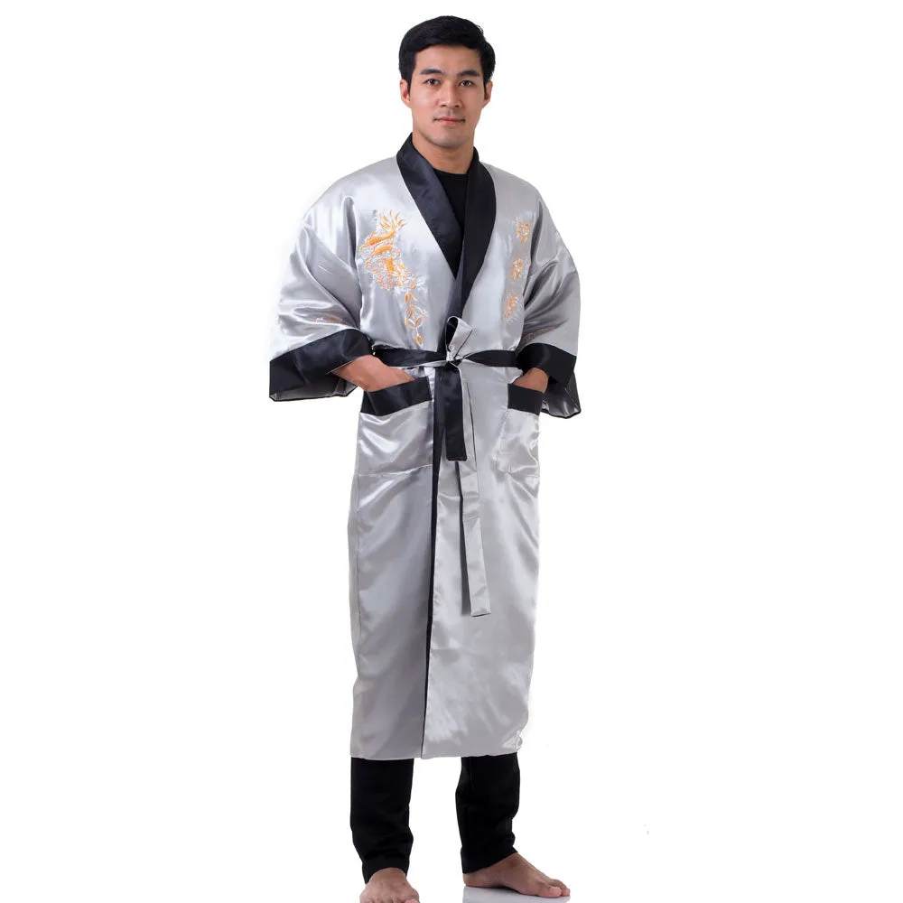 Silver Yinglong Reversible Dragon Kimono Robe for Men