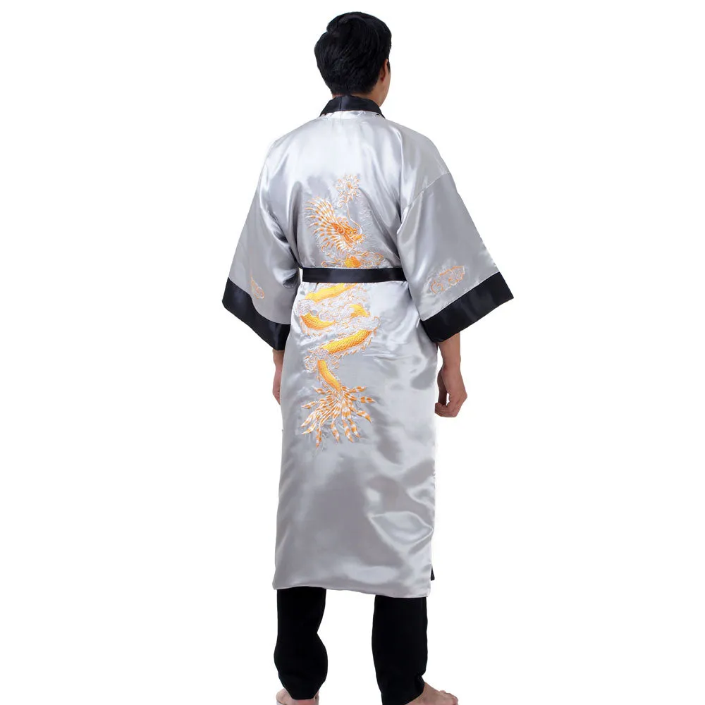 Silver Yinglong Reversible Dragon Kimono Robe for Men