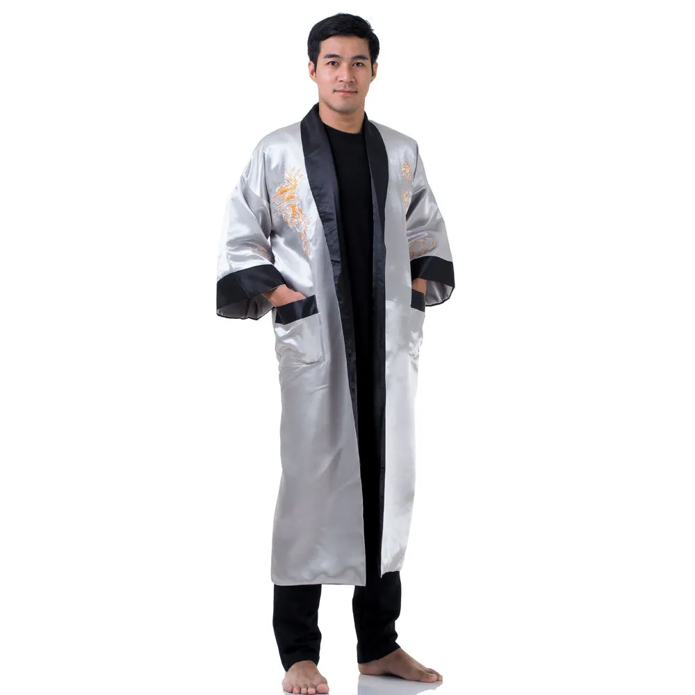 Silver Yinglong Reversible Dragon Kimono Robe for Men