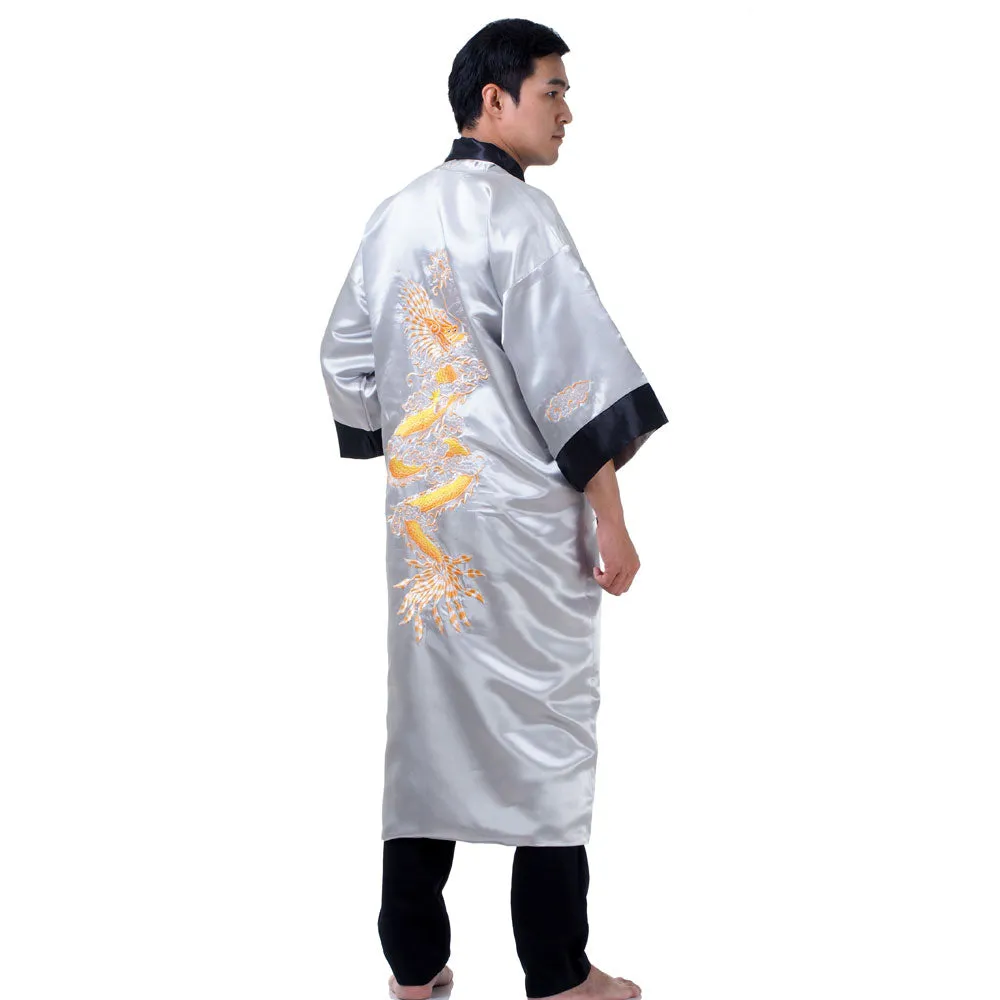 Silver Yinglong Reversible Dragon Kimono Robe for Men