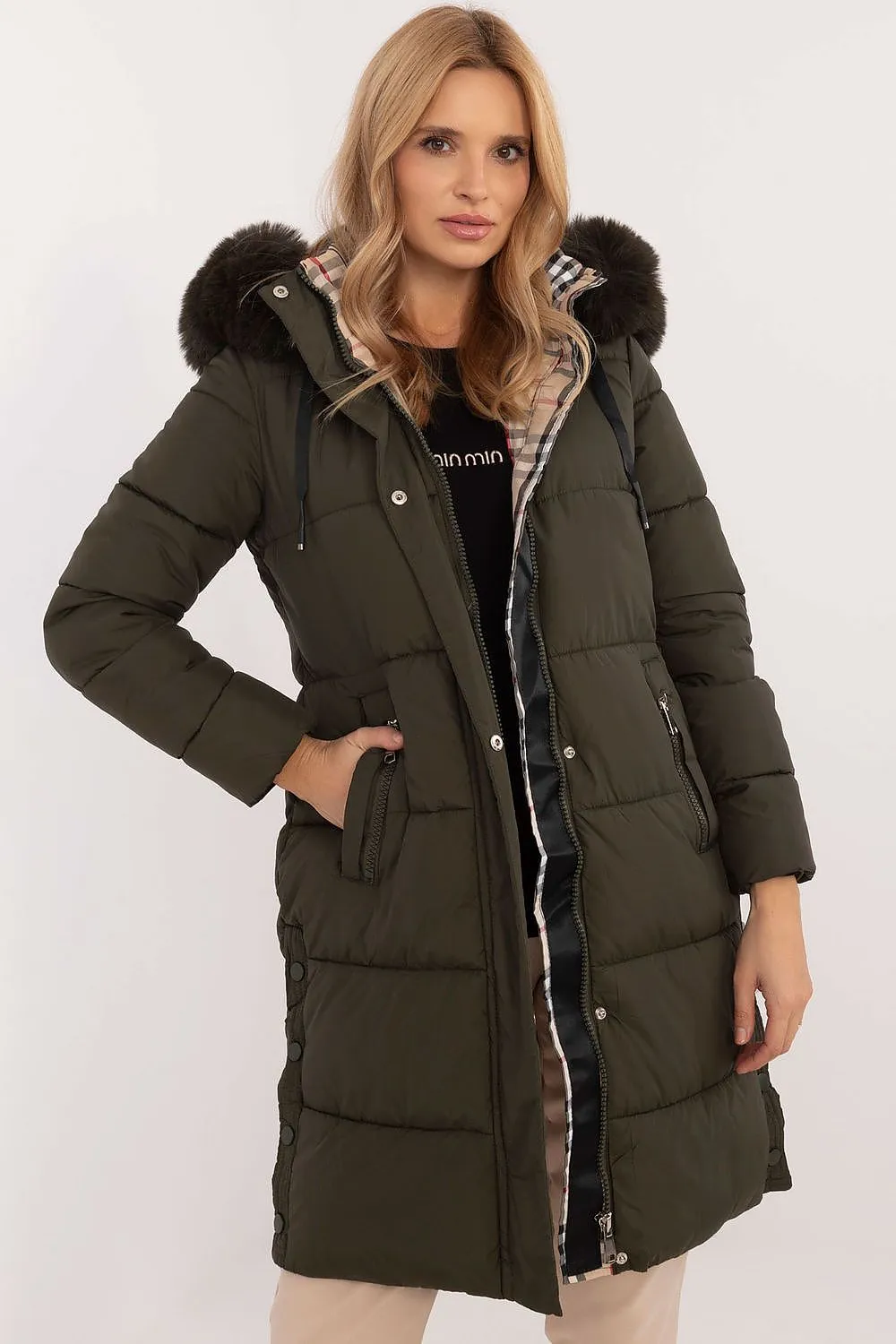 TEEK - Internal Plaid Quilted Fluff Hood Coat