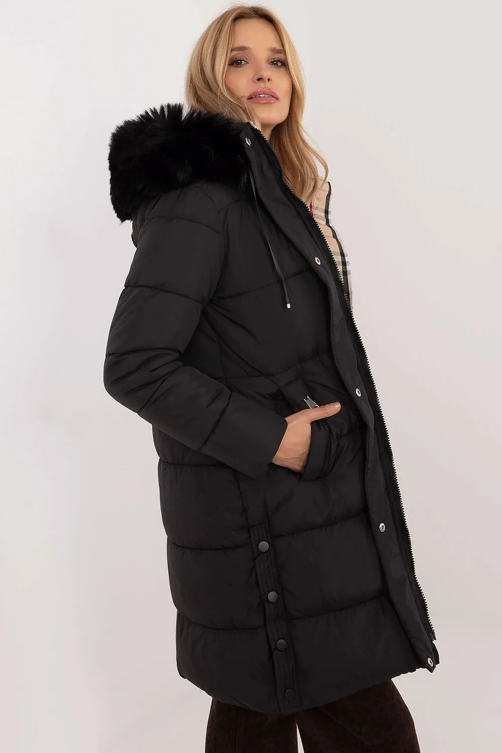 TEEK - Internal Plaid Quilted Fluff Hood Coat