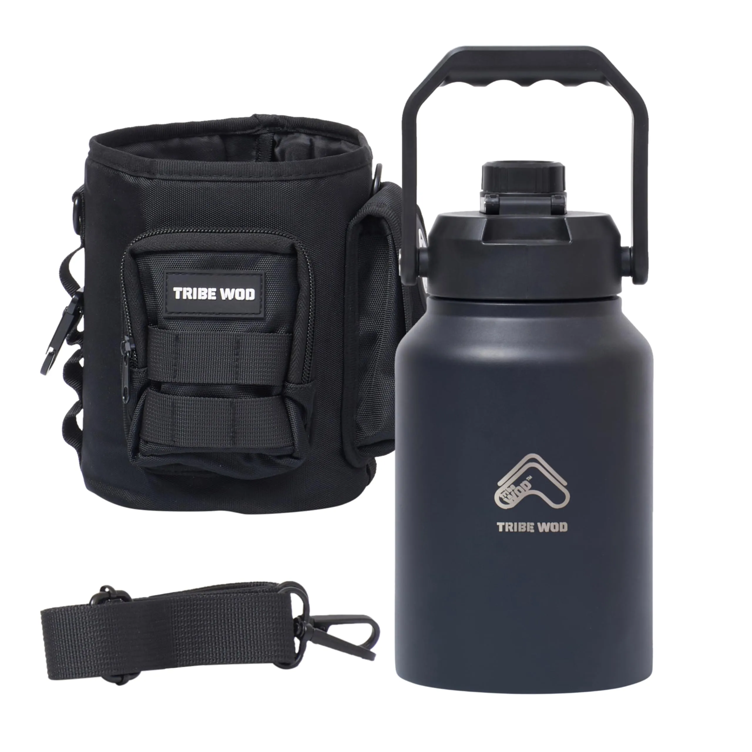 Tribe Wod Tactical Water Bottle - 64 Oz Water Bottle With Sleeve - Stainless Steel Water Jug Container - Double-Wall Insulated Water With Rugged - Removable Sleeve For Keys, Wallet, Phone - Black