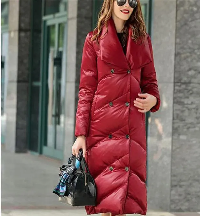 V Neck Long Women Down Coat Hooded Winter Loose 90% Duck Down Jackets