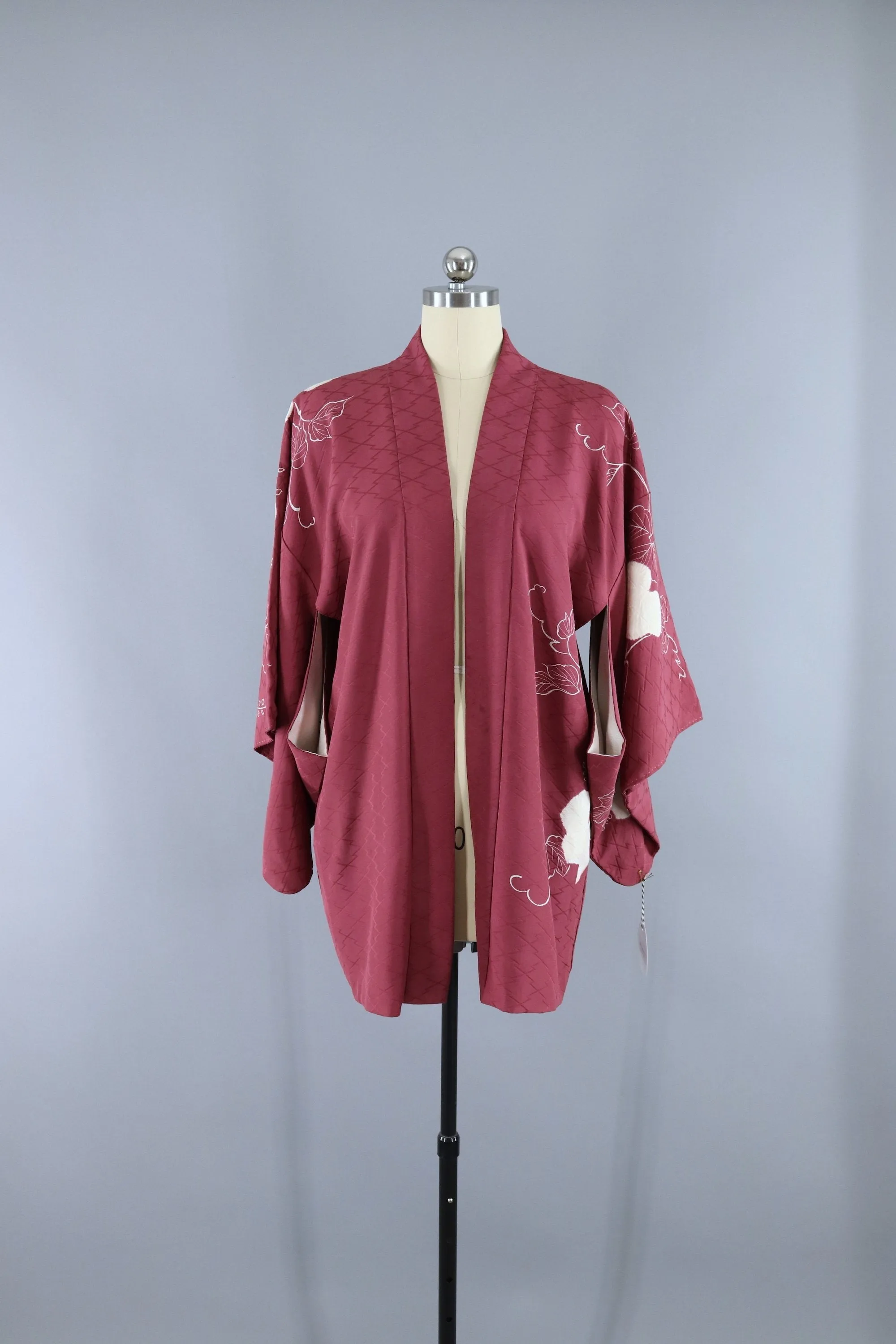 Vintage 1950s Silk Haori Kimono Cardigan Jacket / Mauve Pink Shibori Leaves