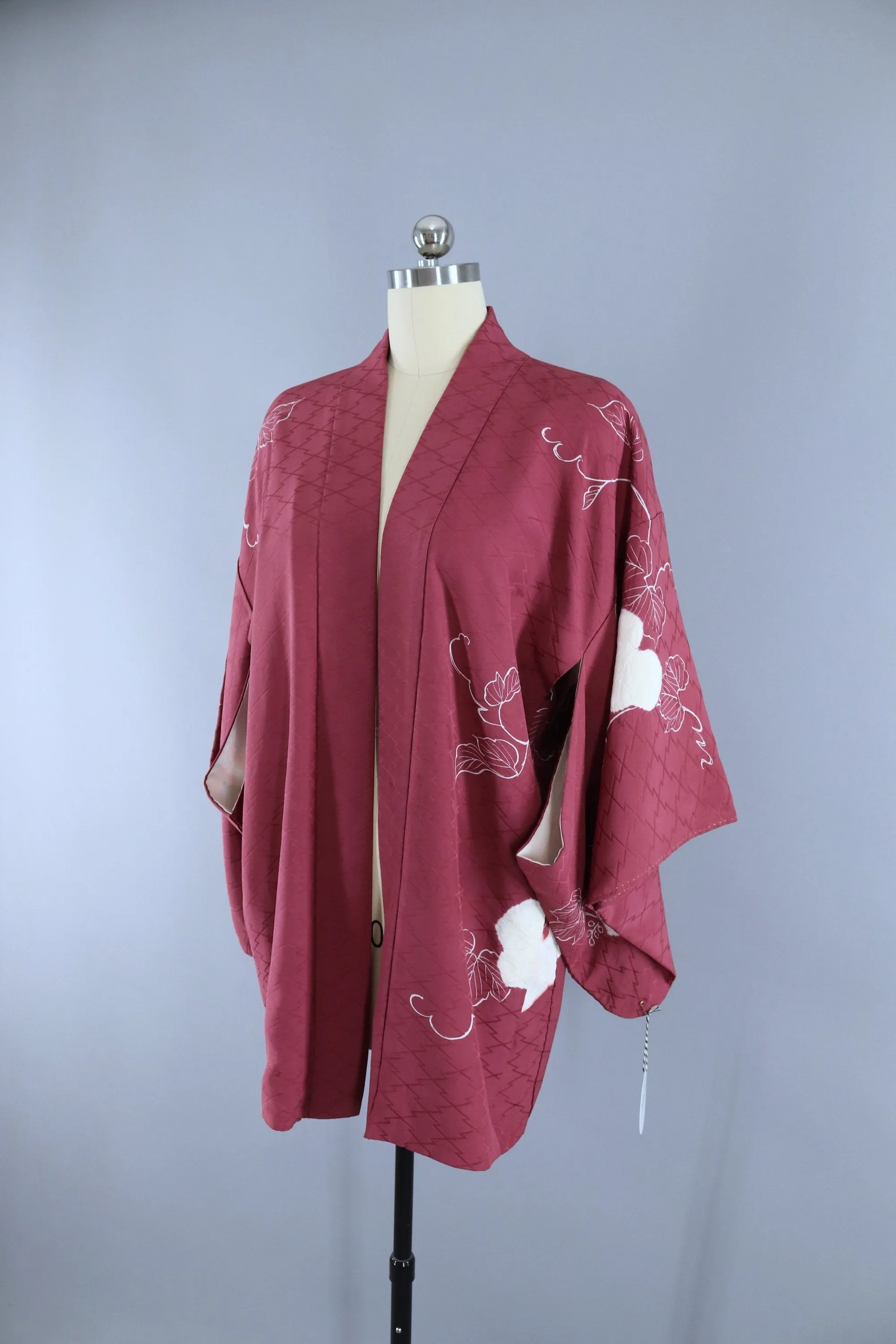 Vintage 1950s Silk Haori Kimono Cardigan Jacket / Mauve Pink Shibori Leaves