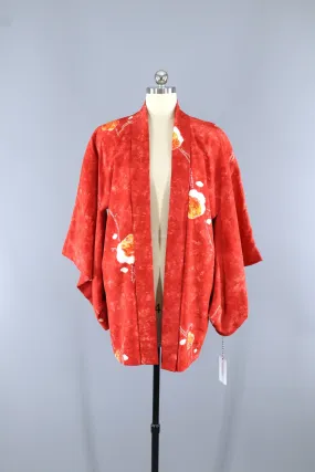 Vintage 1950s Silk Haori Kimono Jacket Cardigan / Orange Red Shibori