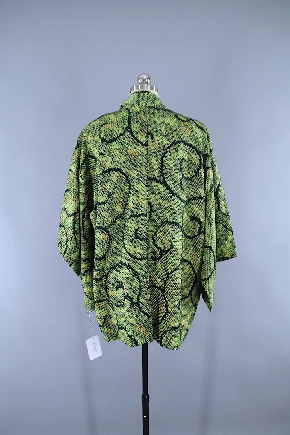 Vintage 1960s Silk Haori Kimono Jacket / Green & Black Shibori Dyed