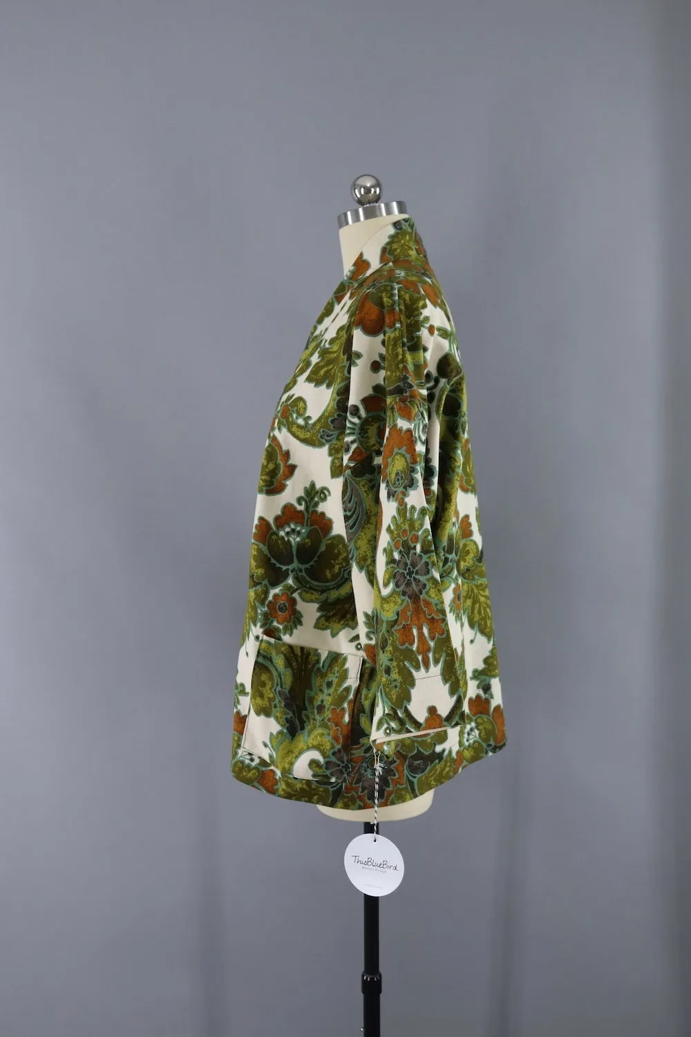 Vintage Kimono Jacket / 1970s Olive Green Floral Print