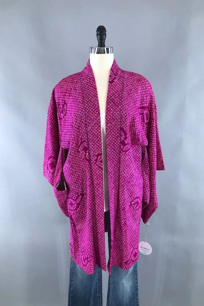 Vintage Magenta Shibori Silk Kimono Cardigan