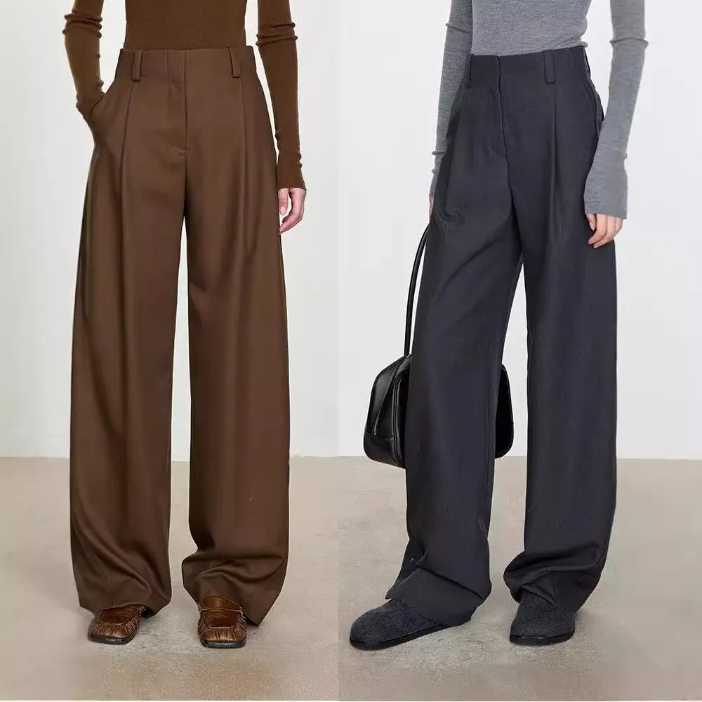 Wenkouban Old money style Winter and Autumn Chic Worsted Wool Slimming High Micro-Arc Wide-Leg Pants