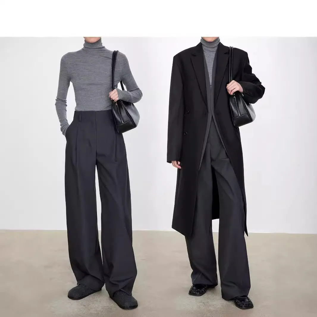 Wenkouban Old money style Winter and Autumn Chic Worsted Wool Slimming High Micro-Arc Wide-Leg Pants