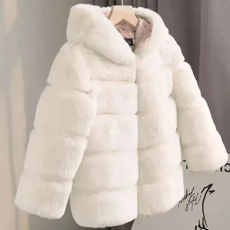 Winter Girls Hooded Imitation Rabbit Hair Coat