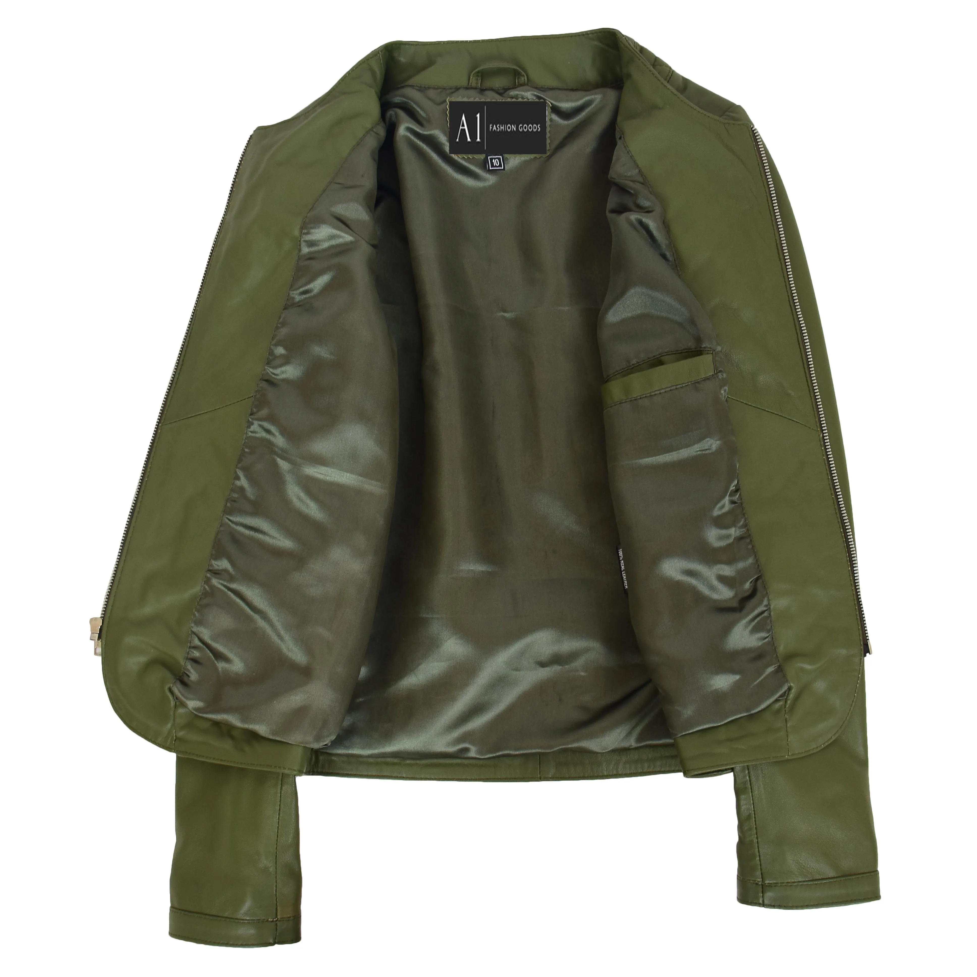 Women Collarless Olive Green Leather Jacket Fitted Quilted Zip Up - Remi