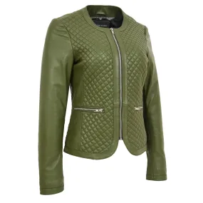 Women Collarless Olive Green Leather Jacket Fitted Quilted Zip Up - Remi