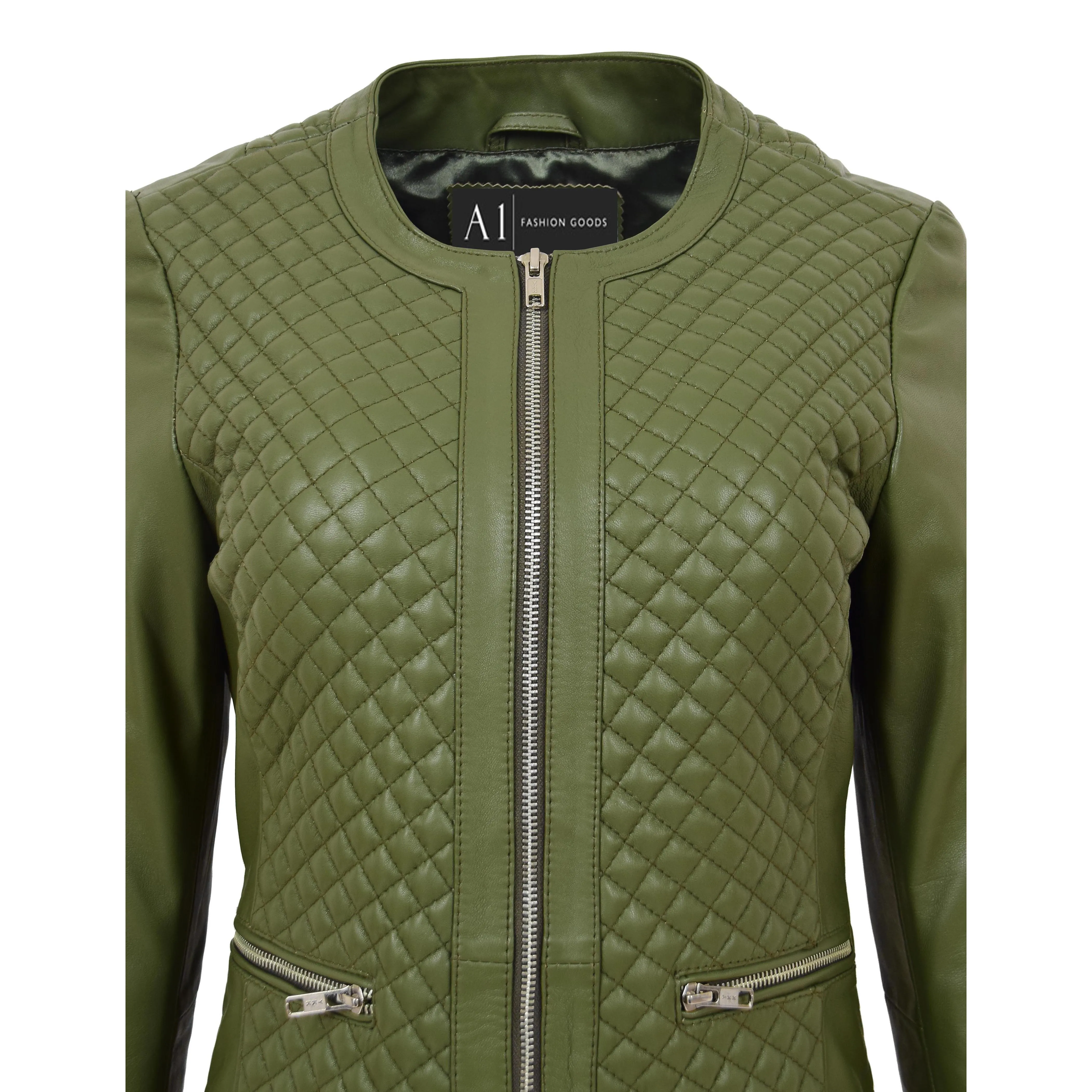 Women Collarless Olive Green Leather Jacket Fitted Quilted Zip Up - Remi