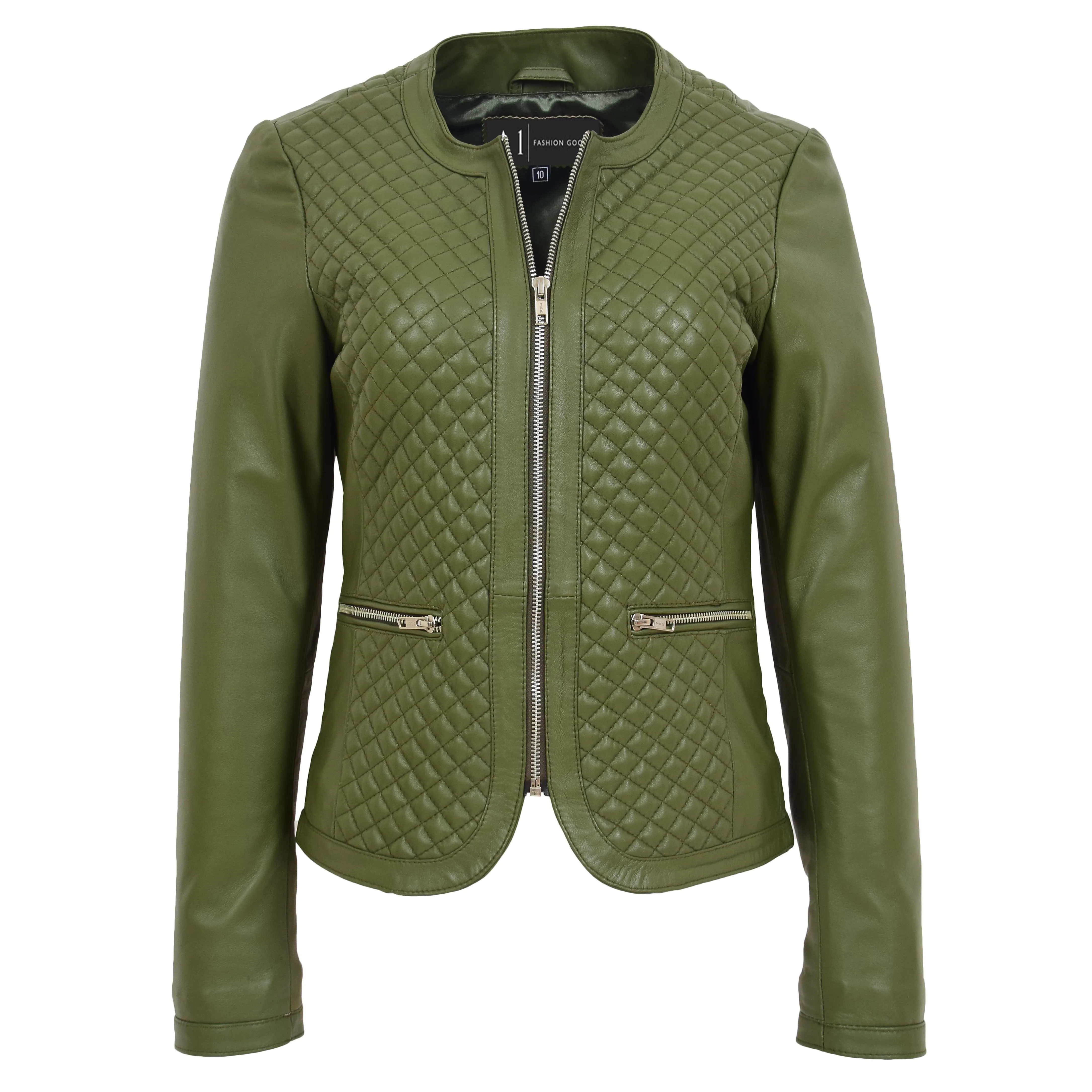 Women Collarless Olive Green Leather Jacket Fitted Quilted Zip Up - Remi