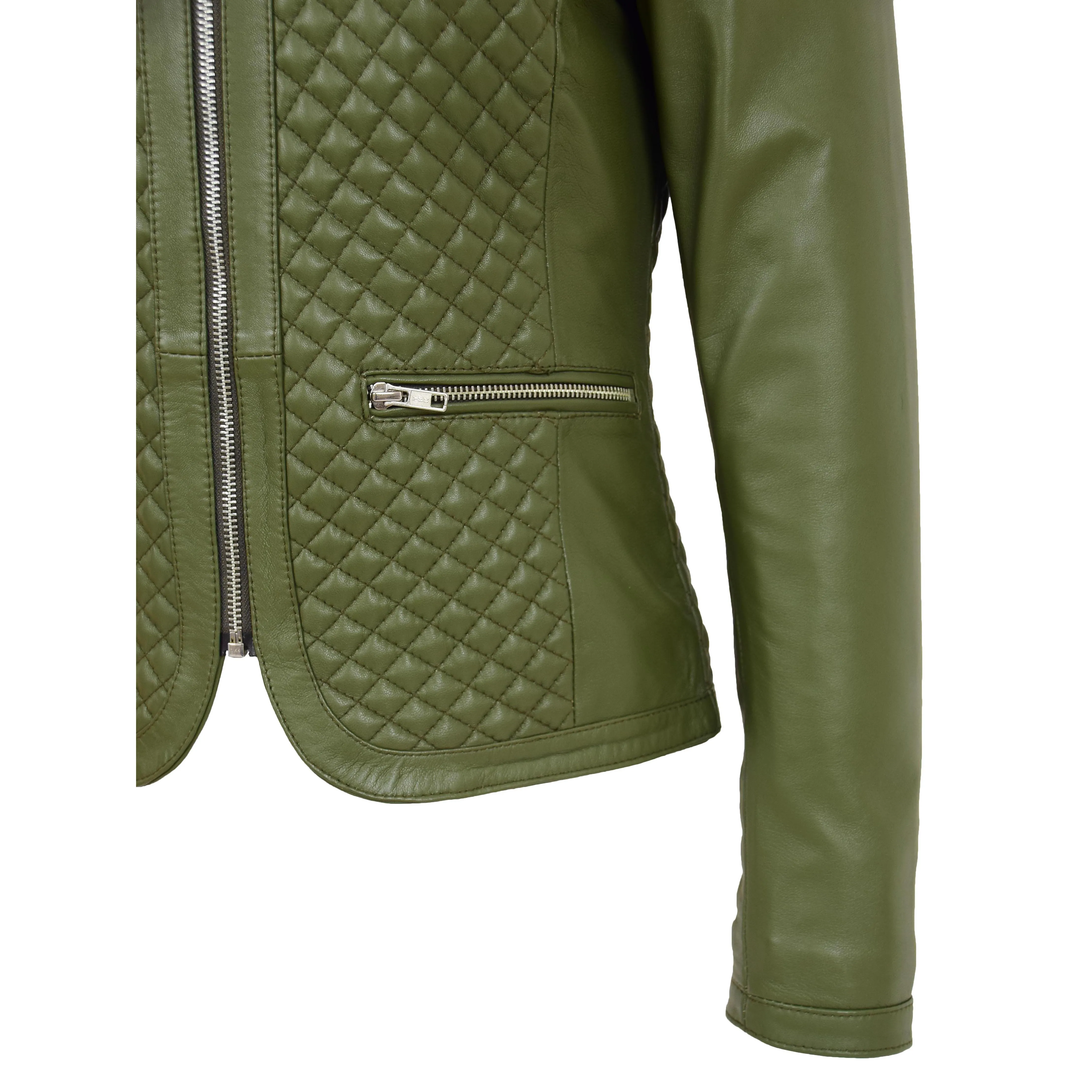 Women Collarless Olive Green Leather Jacket Fitted Quilted Zip Up - Remi