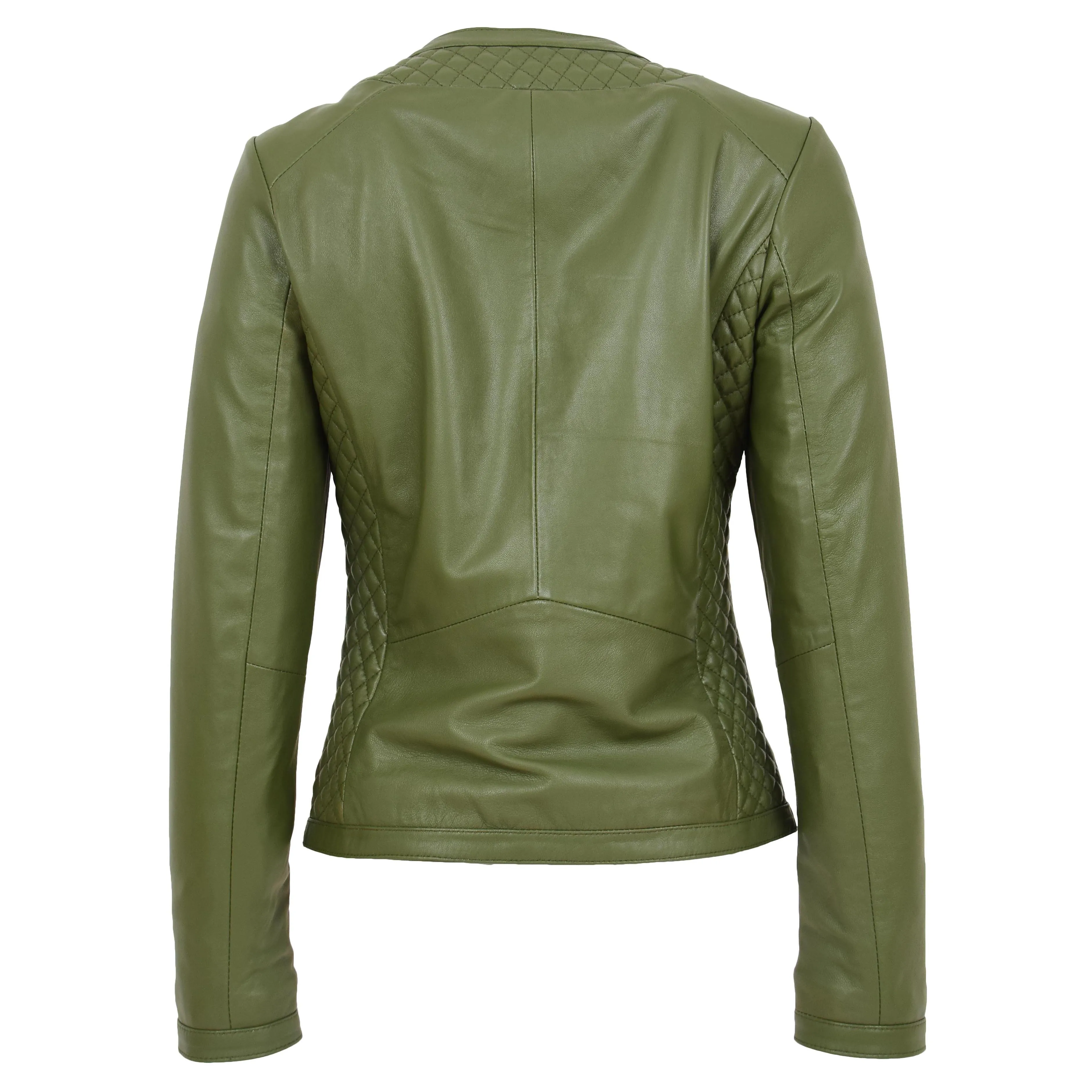 Women Collarless Olive Green Leather Jacket Fitted Quilted Zip Up - Remi