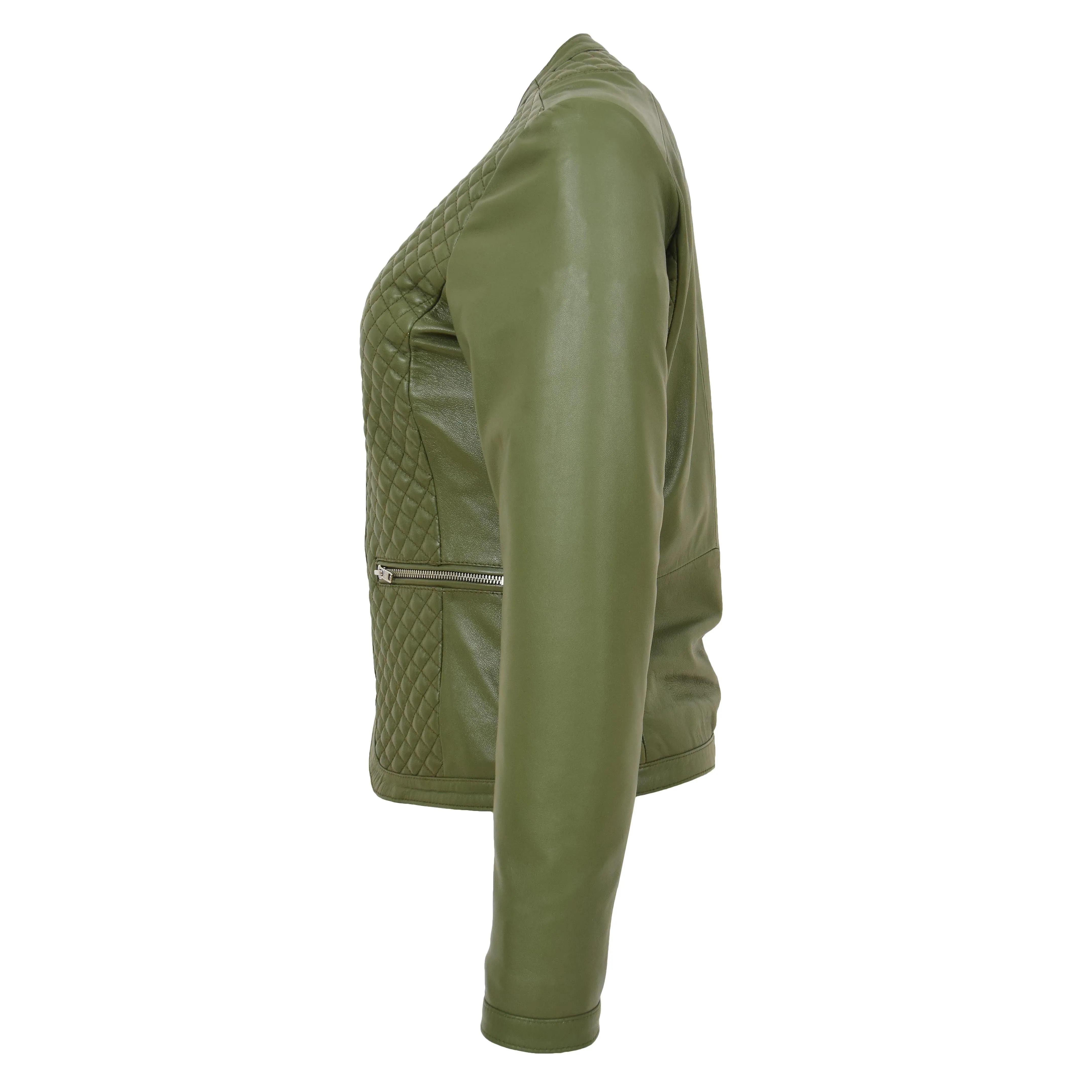 Women Collarless Olive Green Leather Jacket Fitted Quilted Zip Up - Remi