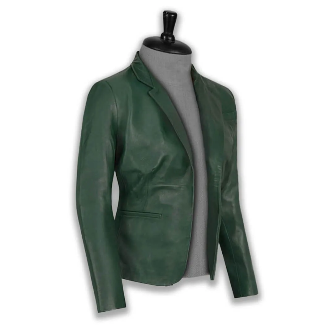 Women Green Leather Blazer