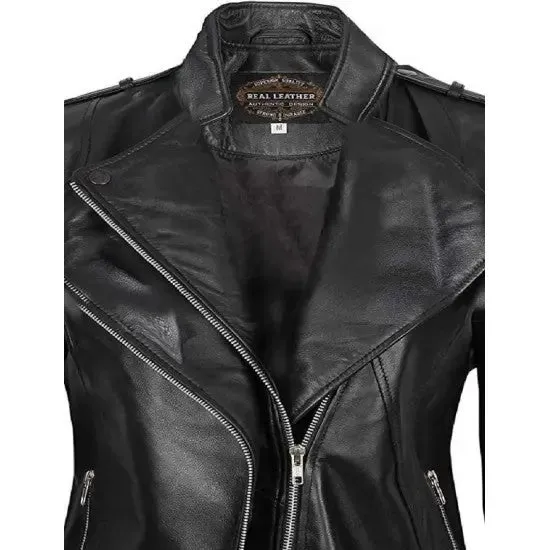 Women's Black Motorcycle Genuine Leather Jacket