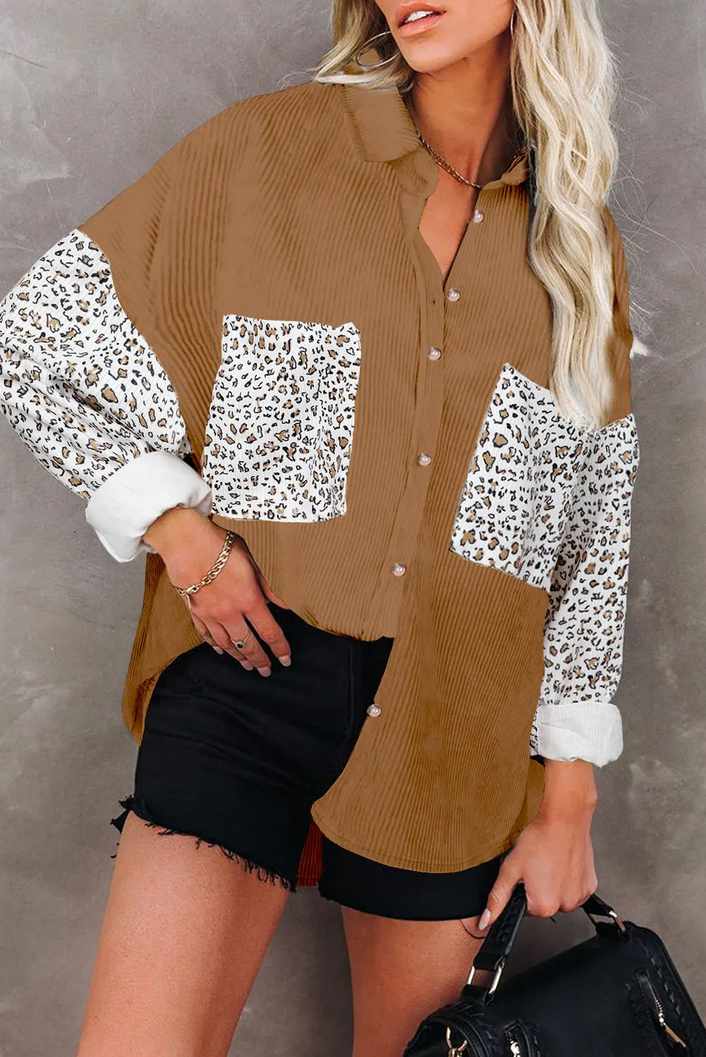 Womens Button Down Corduroy Jacket Leopard Shirt Oversized Blouses Tops