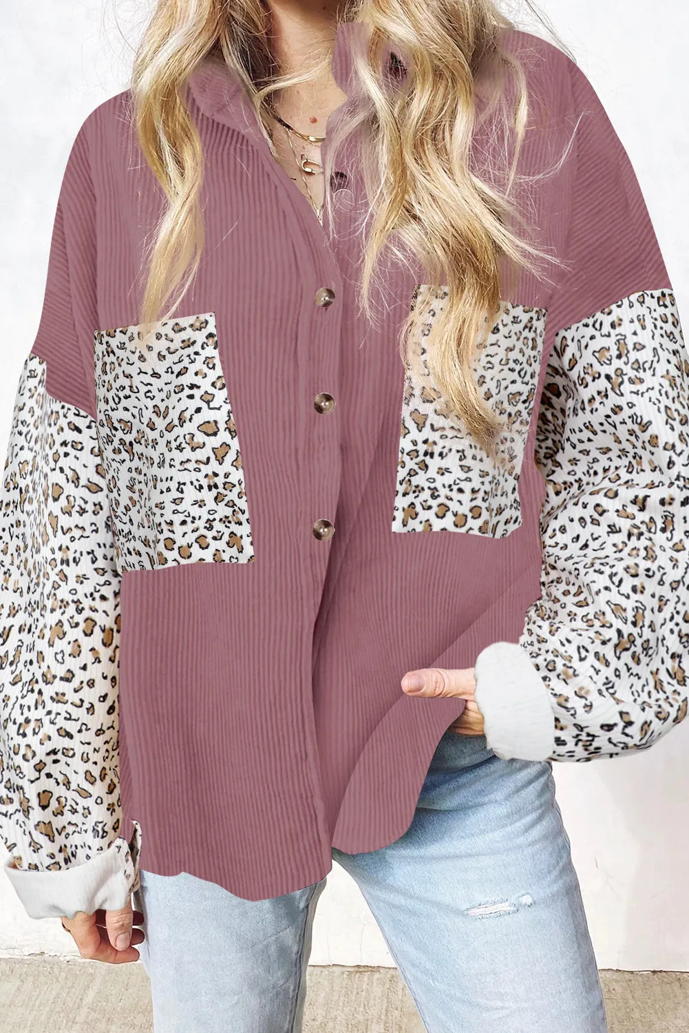 Womens Button Down Corduroy Jacket Leopard Shirt Oversized Blouses Tops