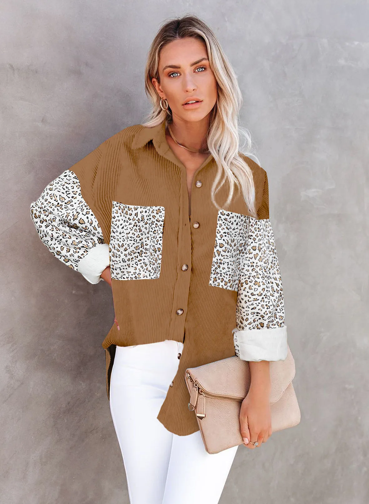 Womens Button Down Corduroy Jacket Leopard Shirt Oversized Blouses Tops