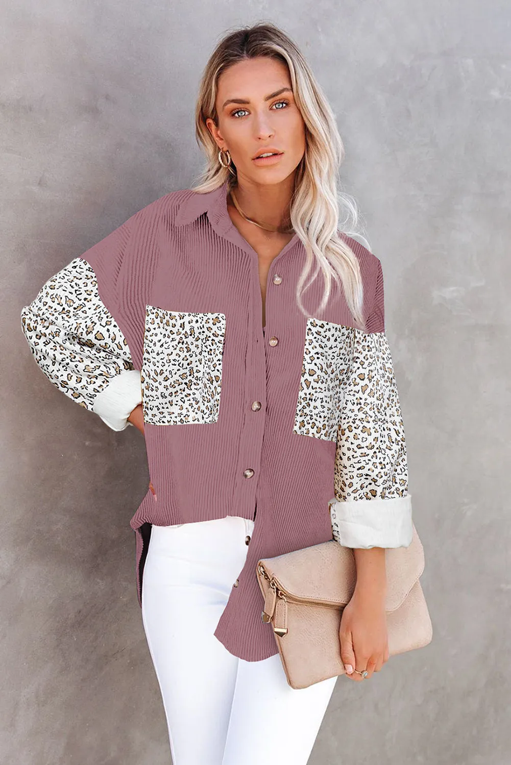 Womens Button Down Corduroy Jacket Leopard Shirt Oversized Blouses Tops