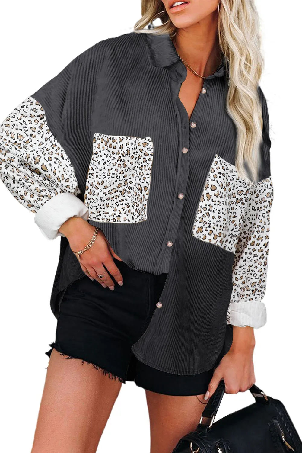 Womens Button Down Corduroy Jacket Leopard Shirt Oversized Blouses Tops