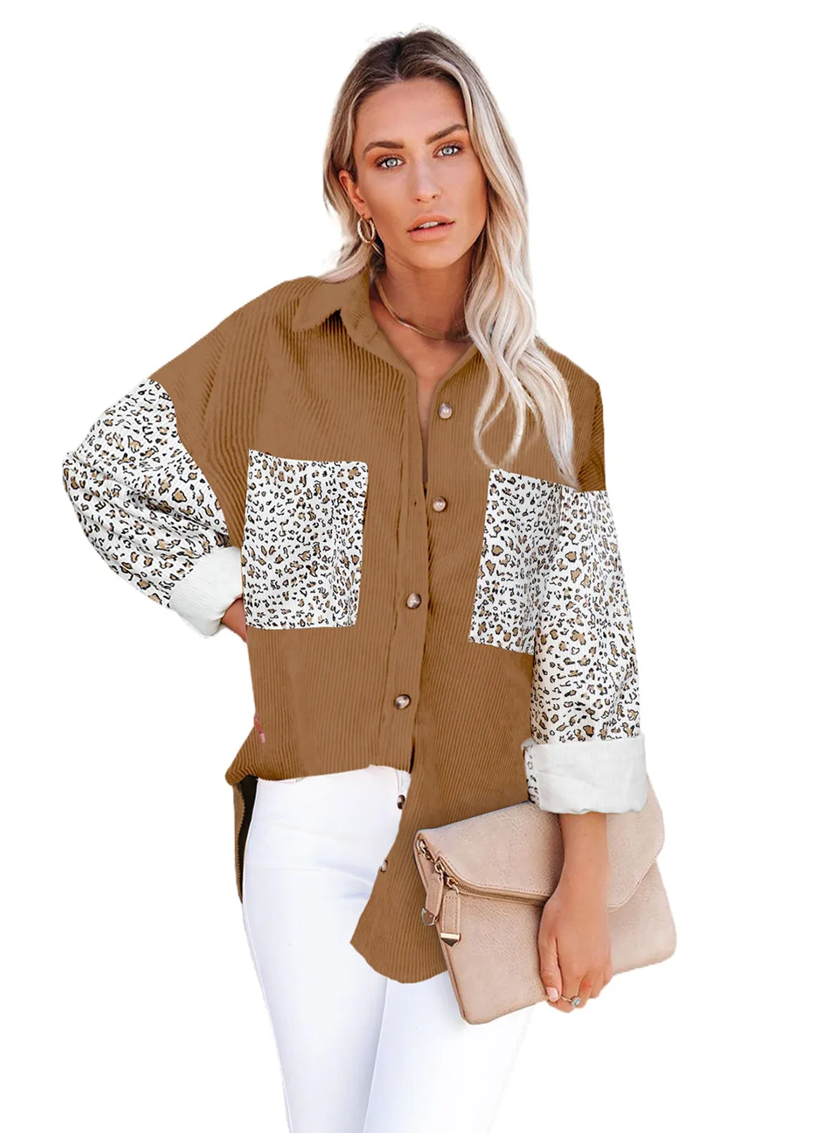 Womens Button Down Corduroy Jacket Leopard Shirt Oversized Blouses Tops