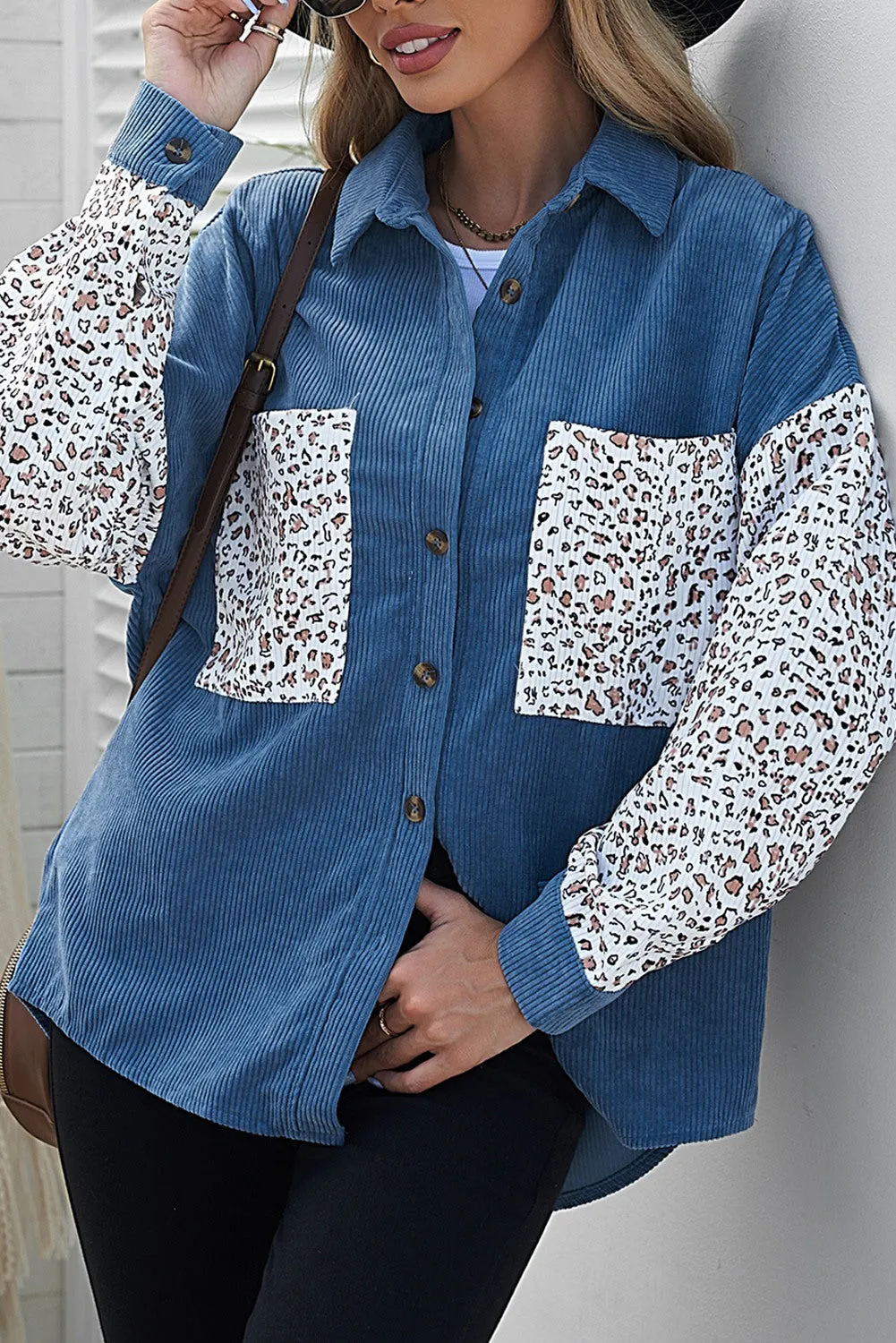 Womens Button Down Corduroy Jacket Leopard Shirt Oversized Blouses Tops