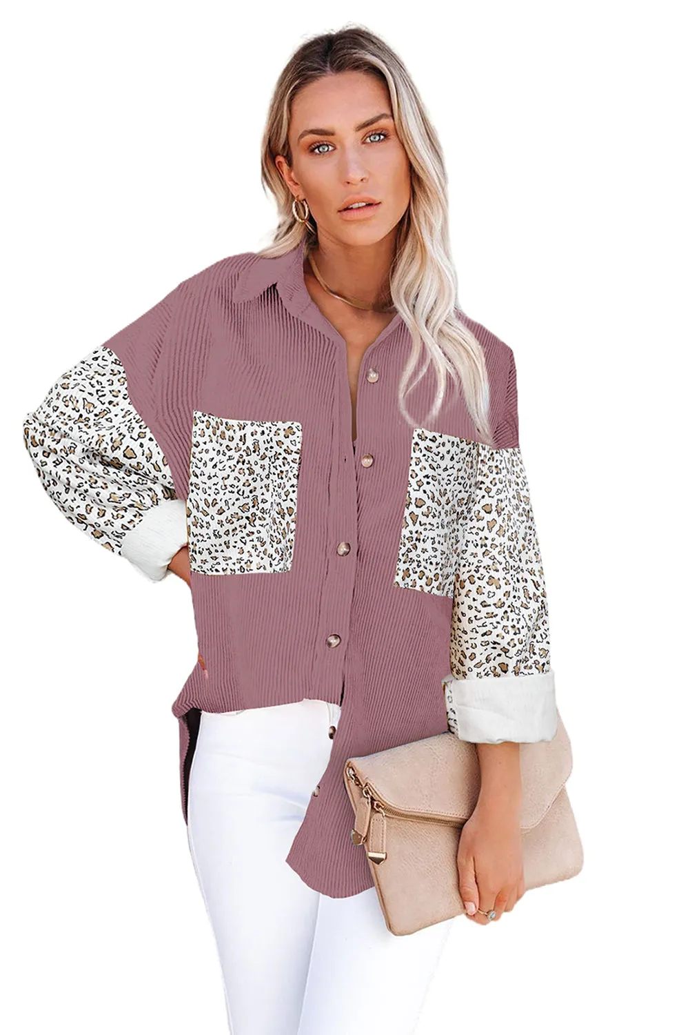 Womens Button Down Corduroy Jacket Leopard Shirt Oversized Blouses Tops