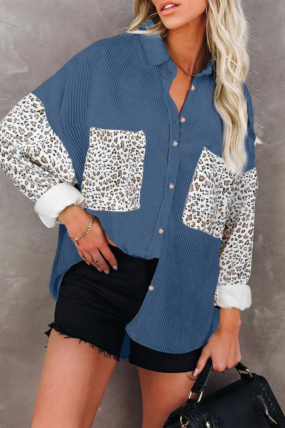 Womens Button Down Corduroy Jacket Leopard Shirt Oversized Blouses Tops