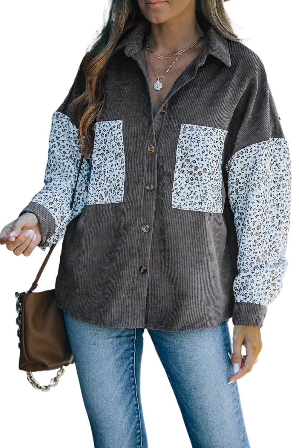 Womens Button Down Corduroy Jacket Leopard Shirt Oversized Blouses Tops