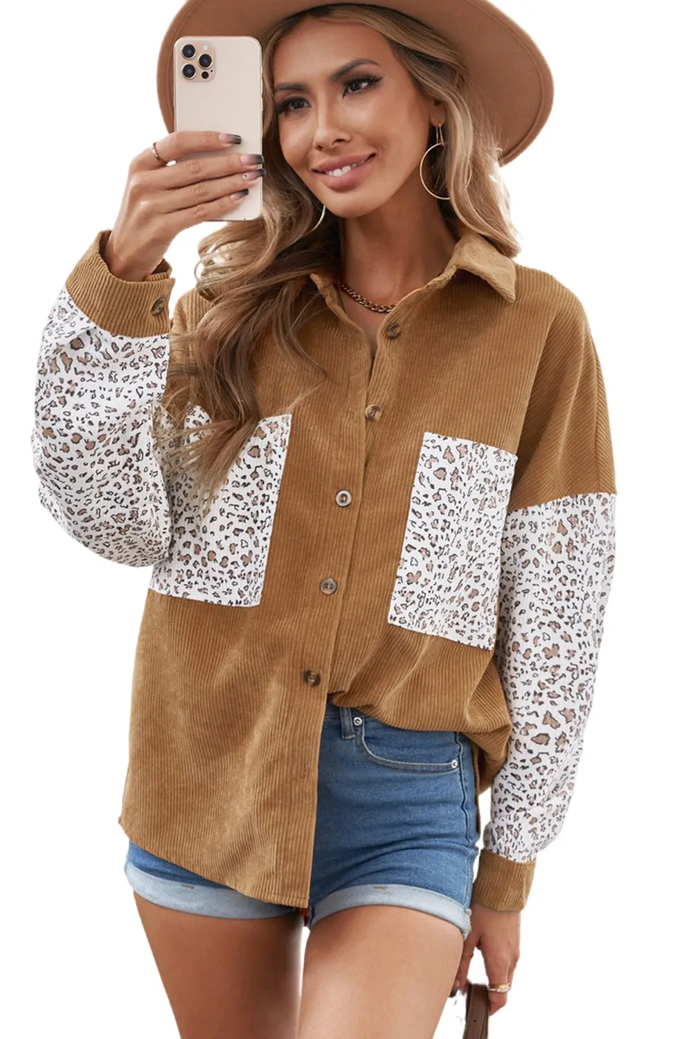 Womens Button Down Corduroy Jacket Leopard Shirt Oversized Blouses Tops