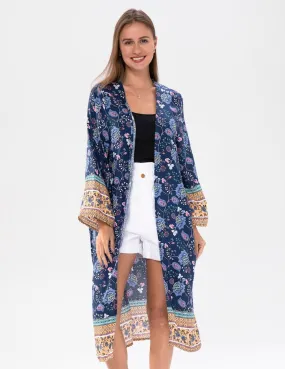 WOMEN'S NAVY KIMONO WITH FLORAL PRINT