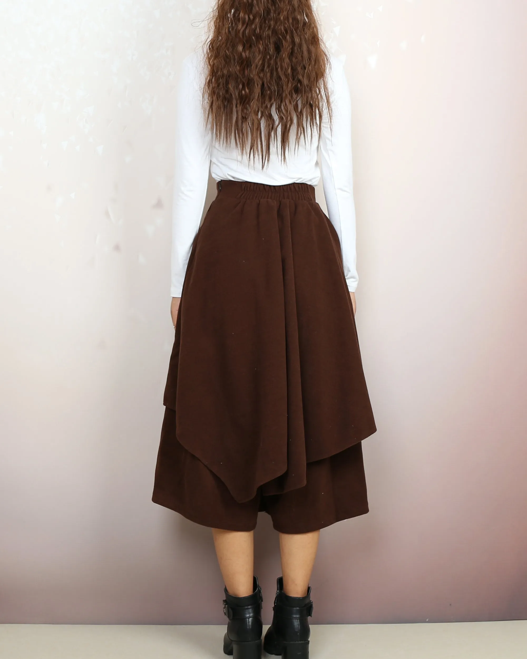 Wool skirt pants, wide leg pants, Cropped pants, Asymmetrical skirt pants, winter pants, custom made, black pants (K2135)