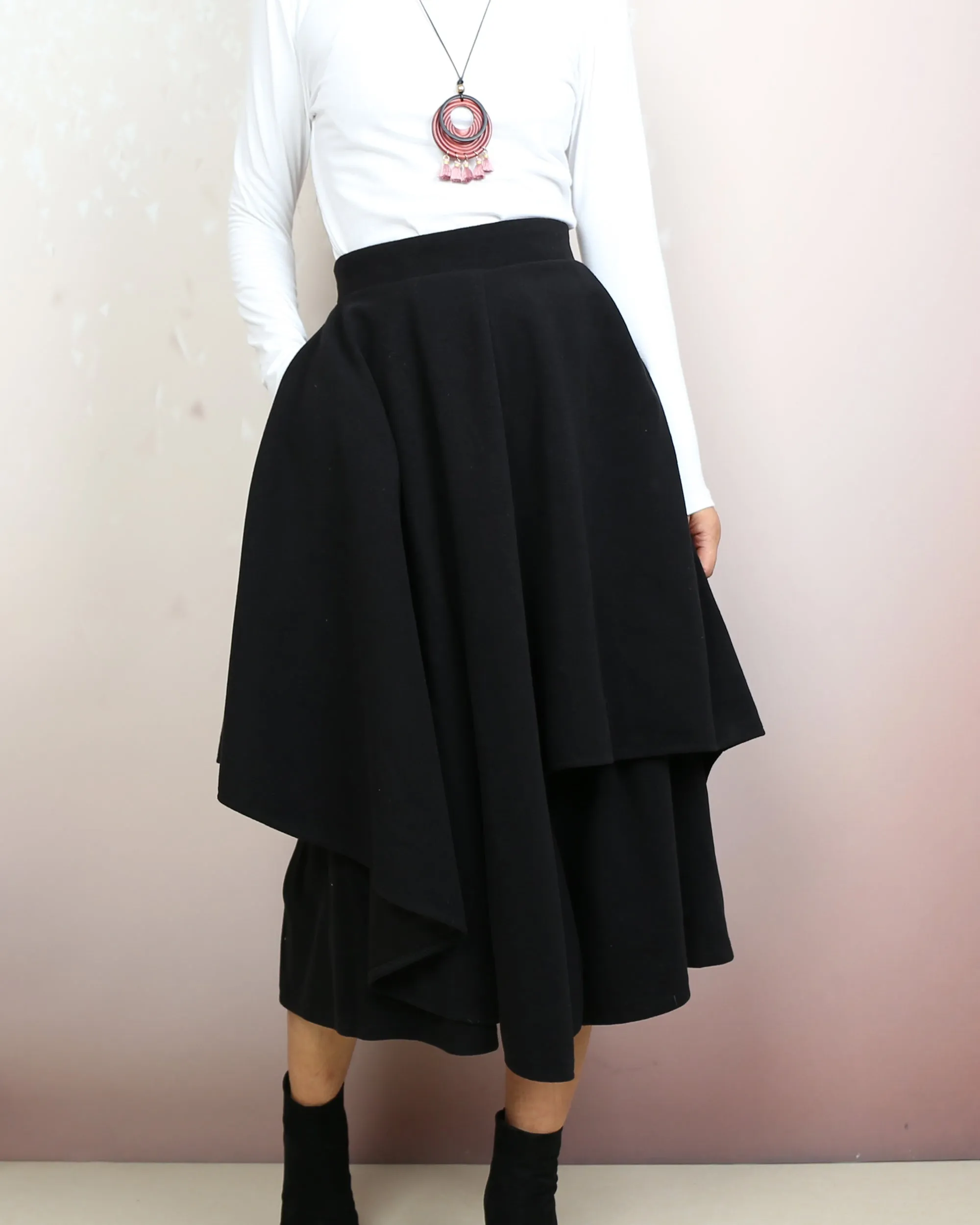 Wool skirt pants, wide leg pants, Cropped pants, Asymmetrical skirt pants, winter pants, custom made, black pants (K2135)