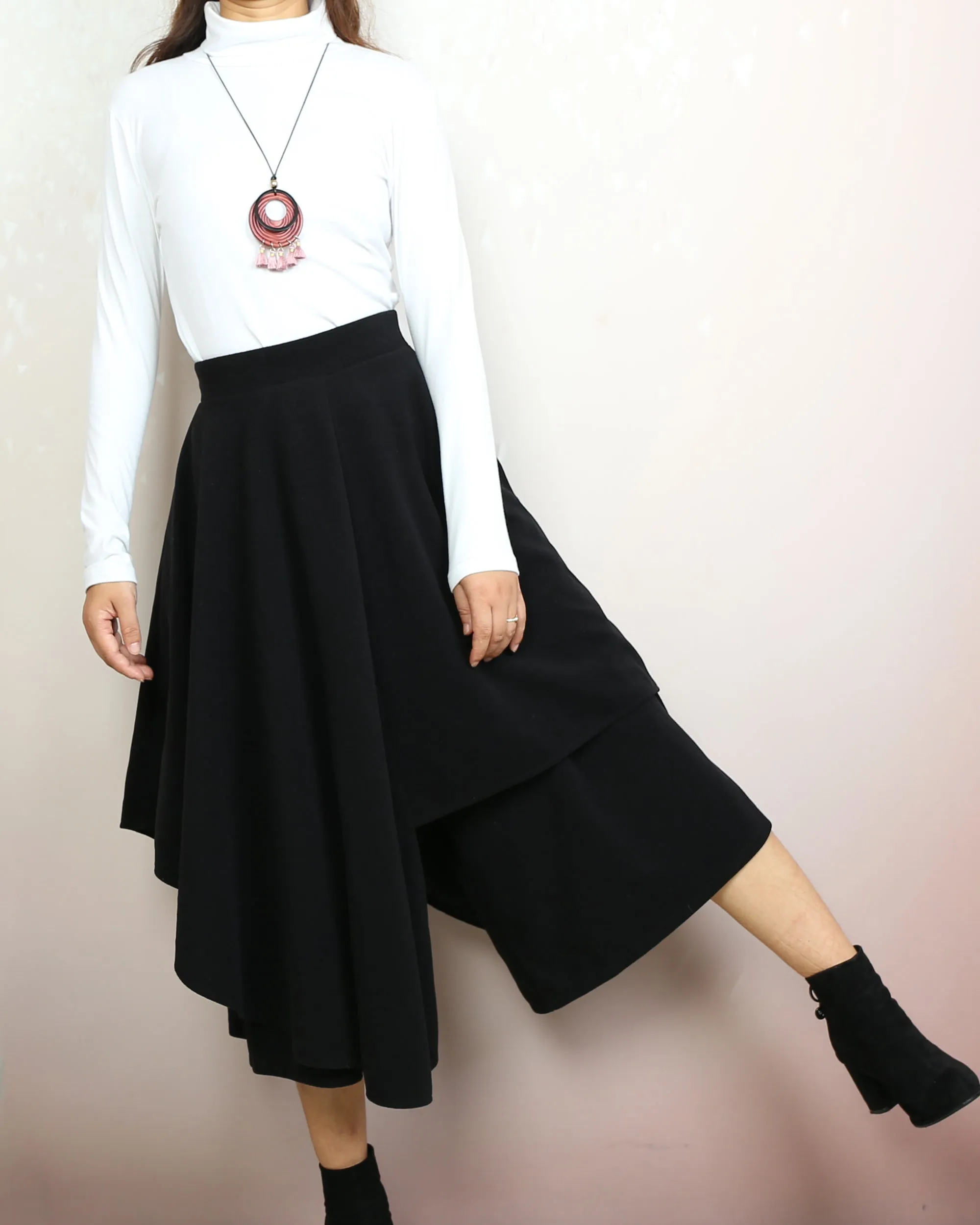 Wool skirt pants, wide leg pants, Cropped pants, Asymmetrical skirt pants, winter pants, custom made, black pants (K2135)