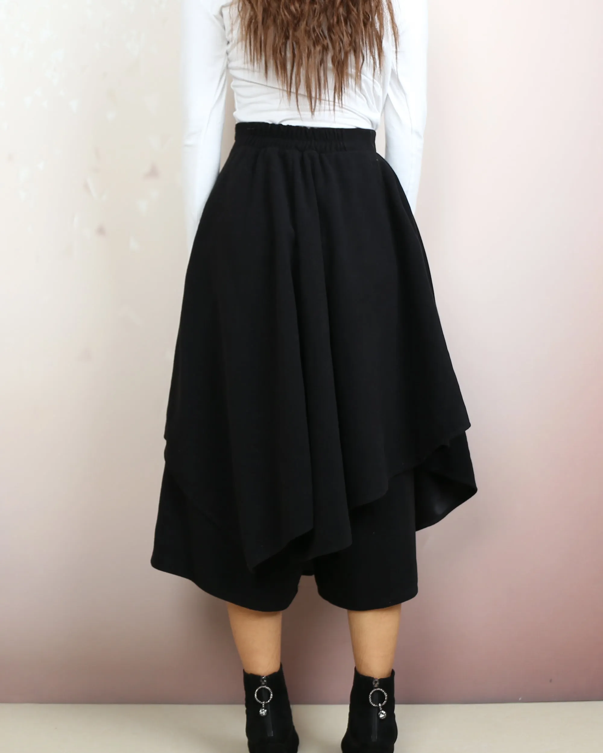 Wool skirt pants, wide leg pants, Cropped pants, Asymmetrical skirt pants, winter pants, custom made, black pants (K2135)