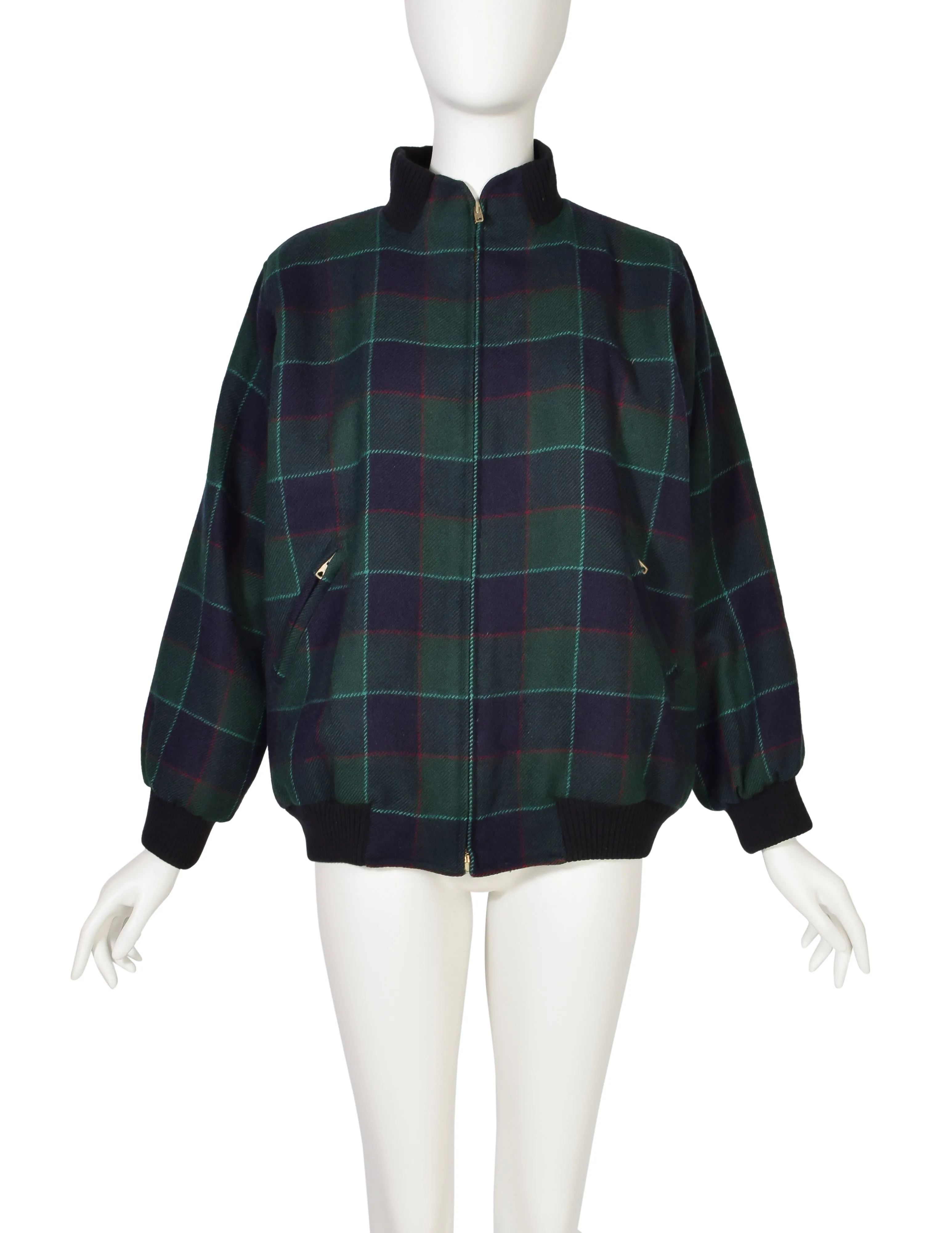 Yves Saint Laurent Vintage 1970s Green Blue Plaid Wool Bomber Style Jacket