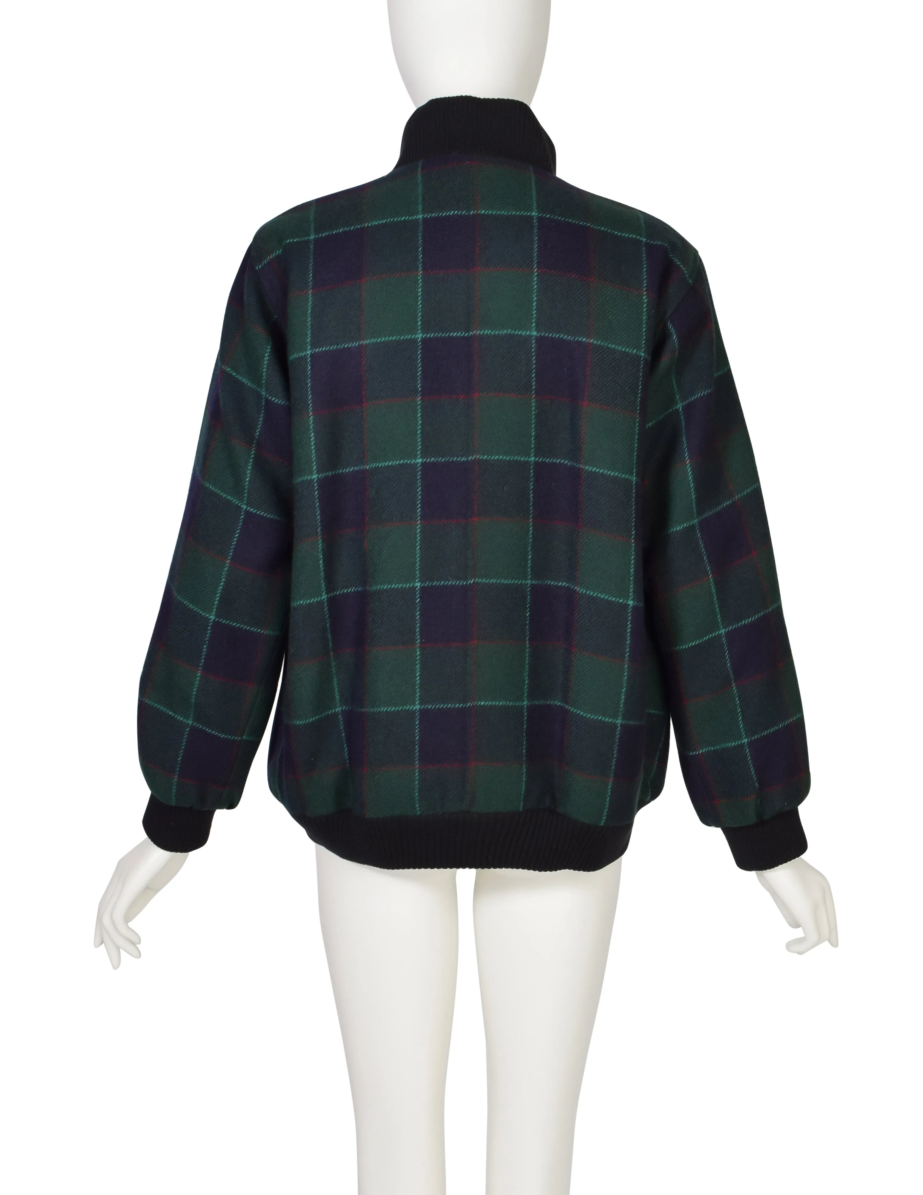 Yves Saint Laurent Vintage 1970s Green Blue Plaid Wool Bomber Style Jacket