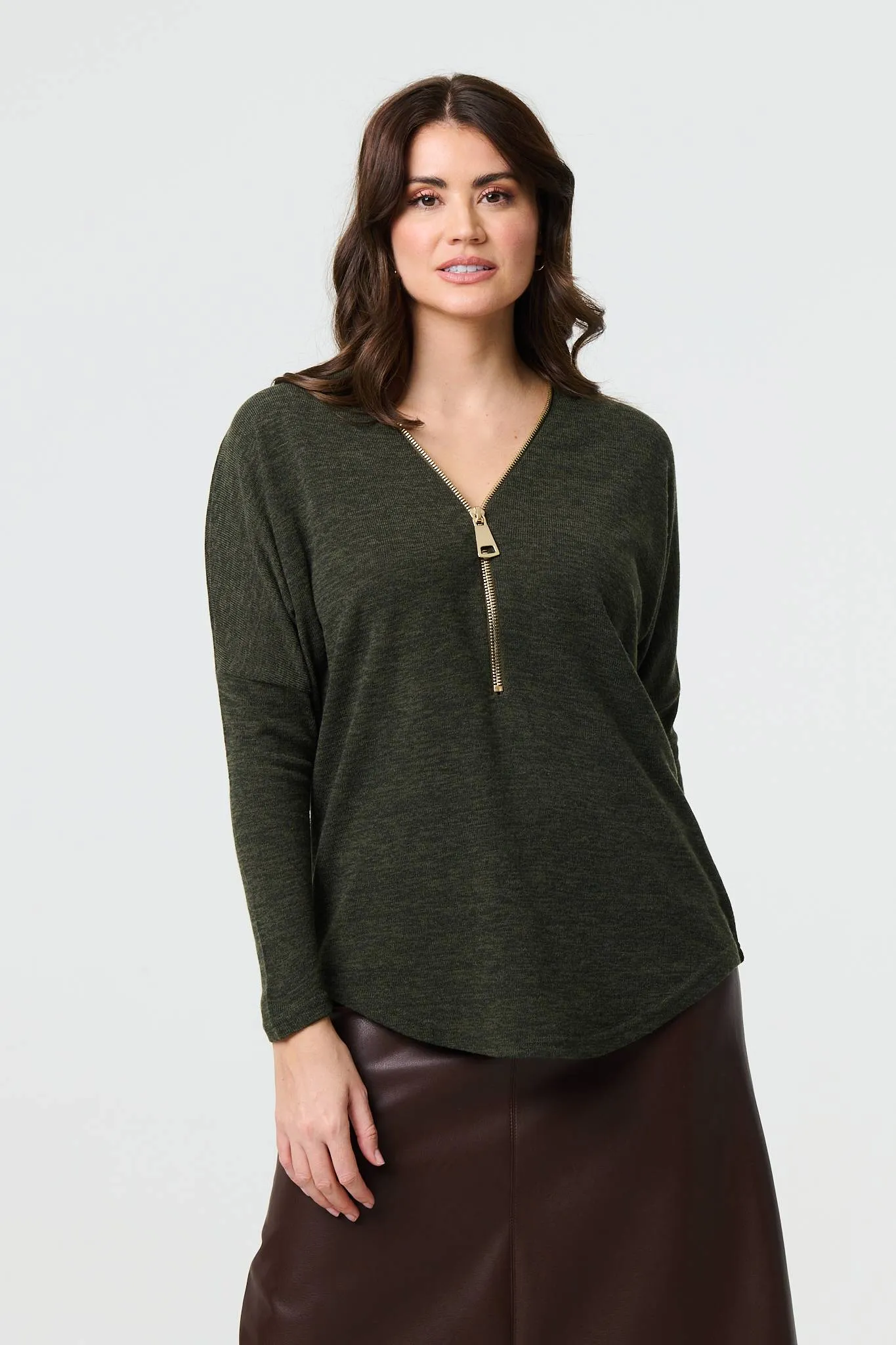 Zip Front V-Neck Relaxed 3/4 Sleeve Top